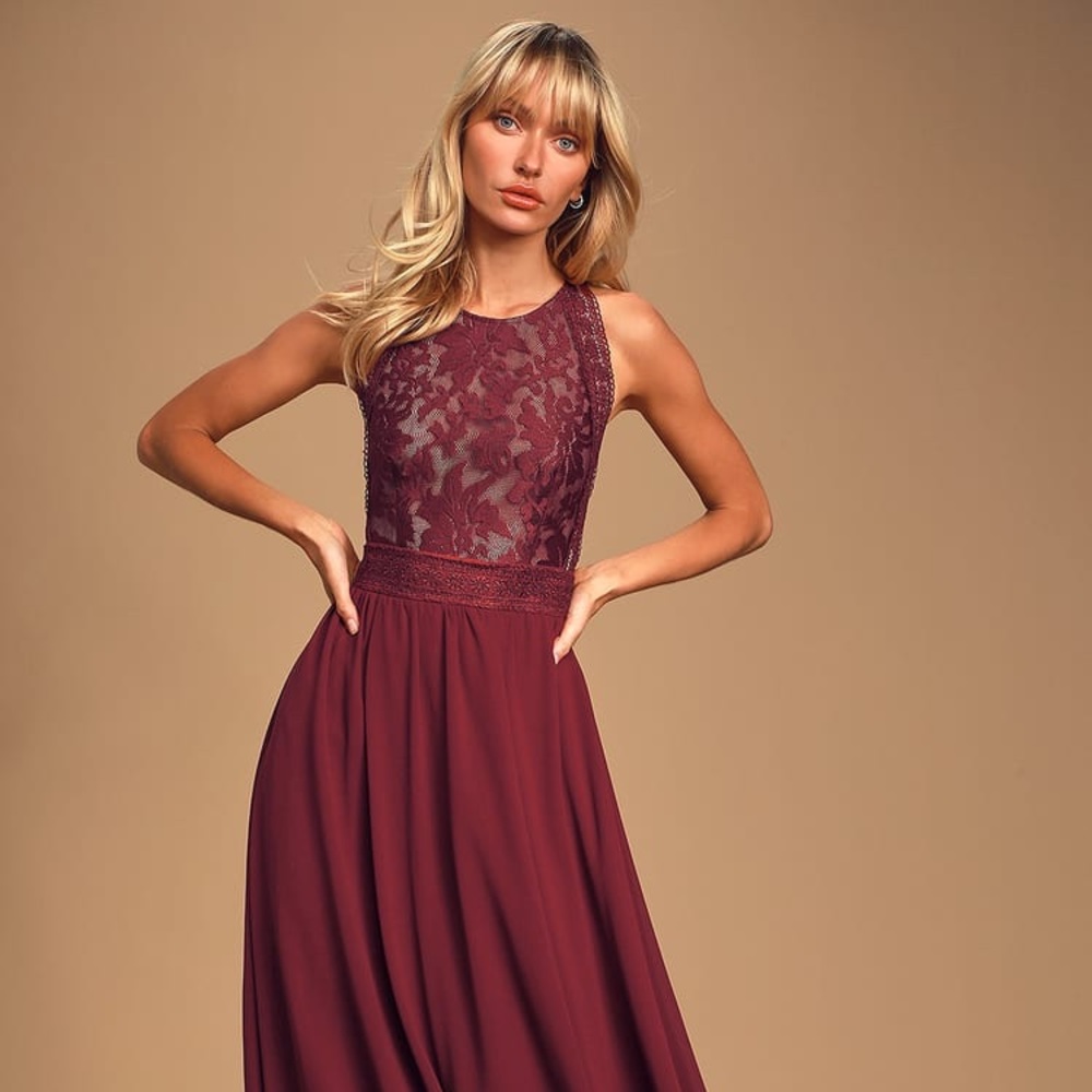 Lulus Forever and Always Burgundy Lace Maxi Dress